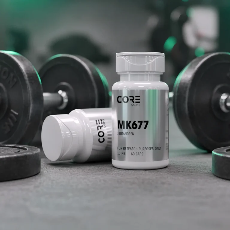 CORE SARMS MK677 Ibutamoren 10mg bottles displayed in a gym setting next to dumbbells, 60 capsules per bottle